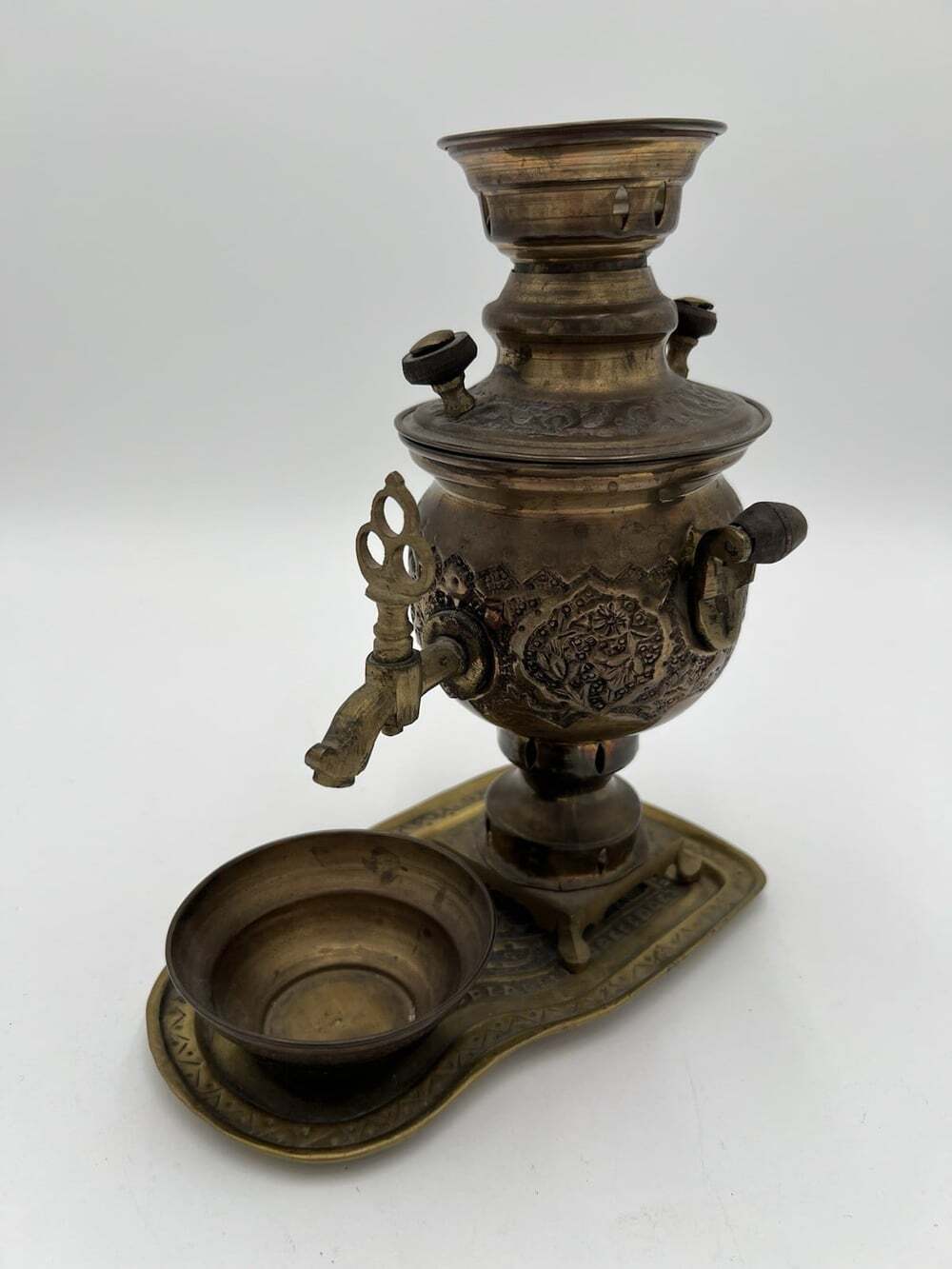 Antique Vintage Miniature Brass Samovar Tea Urn Set Tray Cup Ornate 9”